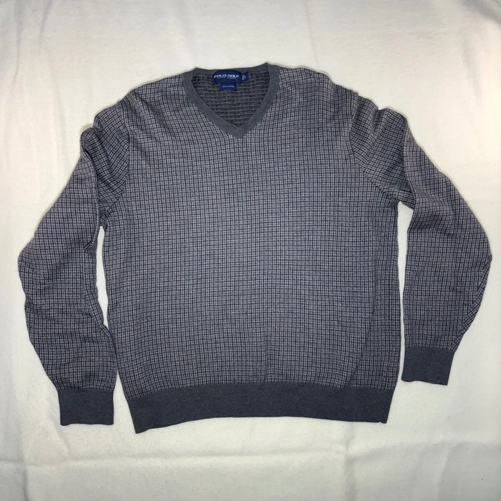 Polo Golf Ralph Lauren Mens Large Grey Check V-Neck 100% Cotton Knit Sweater - Picture 2 of 6
